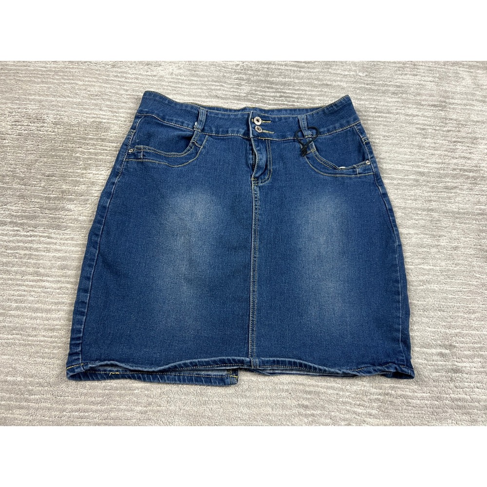 Nicole Premium Jeans Denim Skirt Women 14 Blue Mini Double Button Stretch Pocket